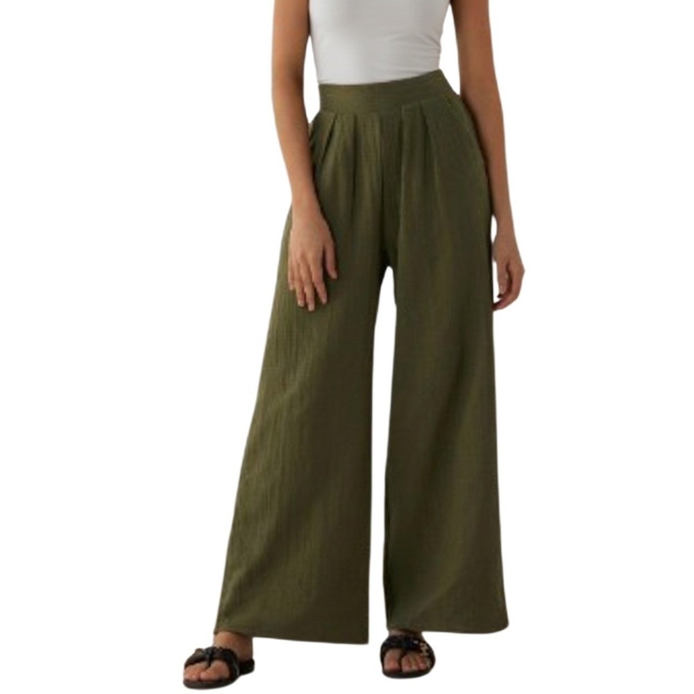 100% Cotton Wide Leg Pants Olive Smocked‎ Waist Relaxed Resort L NWT |NOFLICK